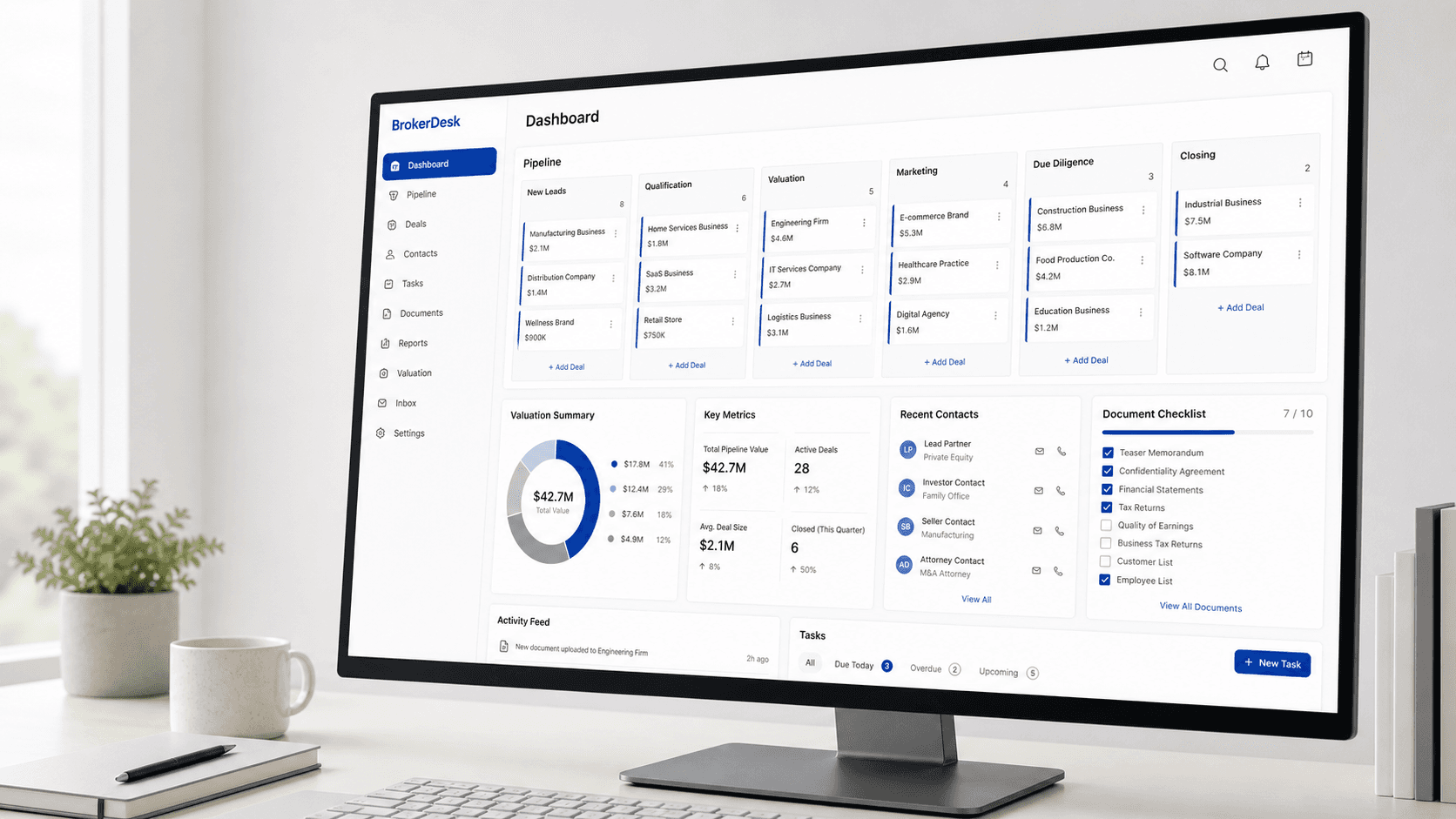 BrokerDesk dashboard showing pipeline, valuation, contacts, and document tracking